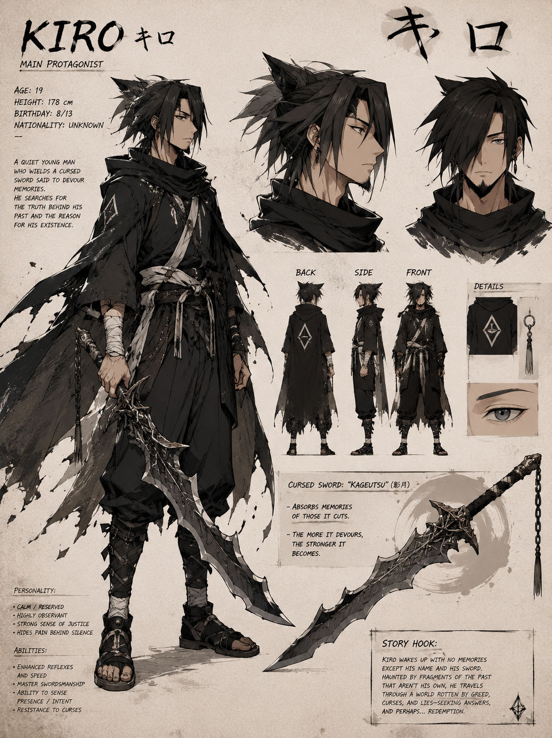 Kiro character concept art with outfit, weapon, profile, and story details
